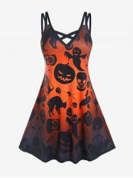 Robe D'Halloween Ligne A Croisée Chauve-souris à Imprimé Citrouille Fantôme de Grande Taille - Orange Foncé 2X | US 18-20