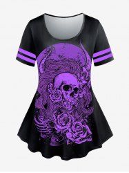 Gothic Short Sleeve Skull Rose Print T-shirt -  