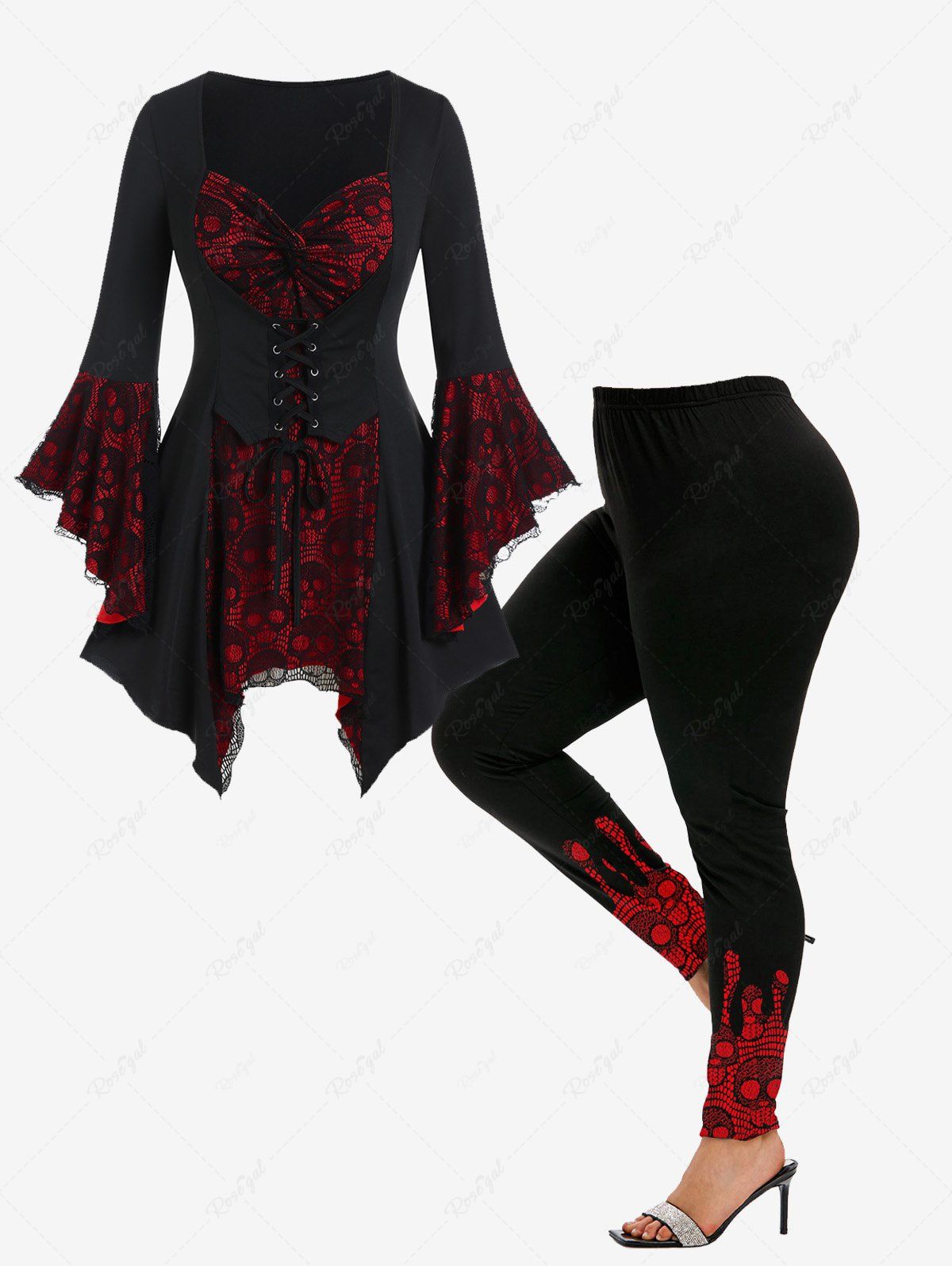 New Bell Sleeve Skull Lace Handkerchief Tee and Gothic Skull Lace Print Skinny Leggings Outfit  