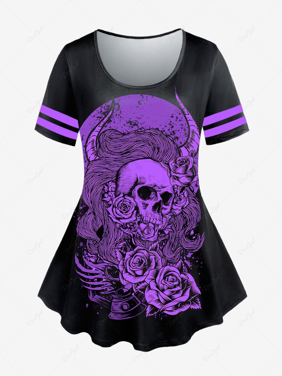 Discount Gothic Short Sleeve Skull Rose Print T-shirt  