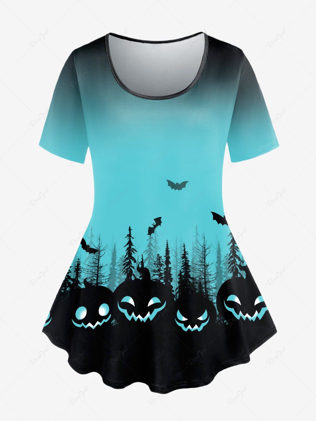 T-shirt D'Halloween Gothique Chauve-souris Citrouille à Manches Courtes Bleu clair 1x | US 14-16