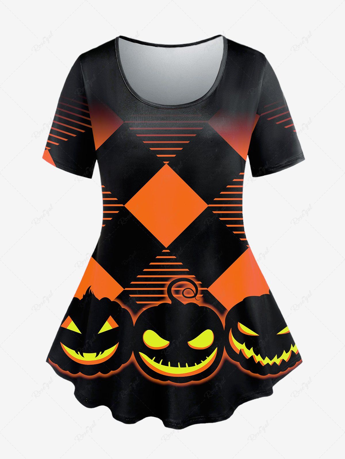New Plus Size Halloween Pumpkin Geometry Print Tee  