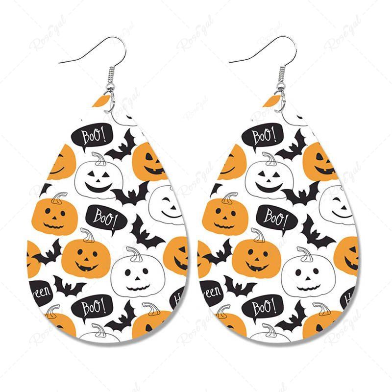 New Halloween Pumpkin Bat Pattern Faux Leather Water Drop Dangle Earrings  