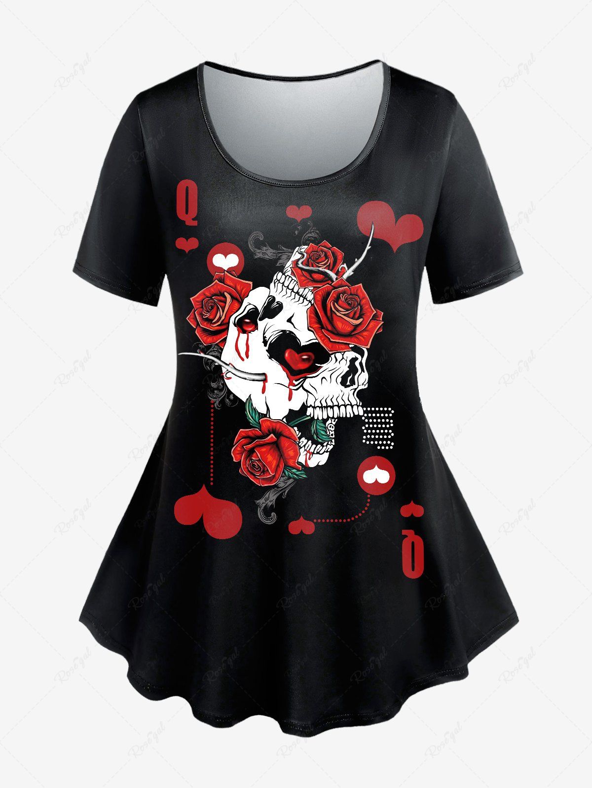 T-shirt Gothique à Imprimé Rose Cœur Crâne à Manches Courtes Rouge foncé 3X | US 22-24