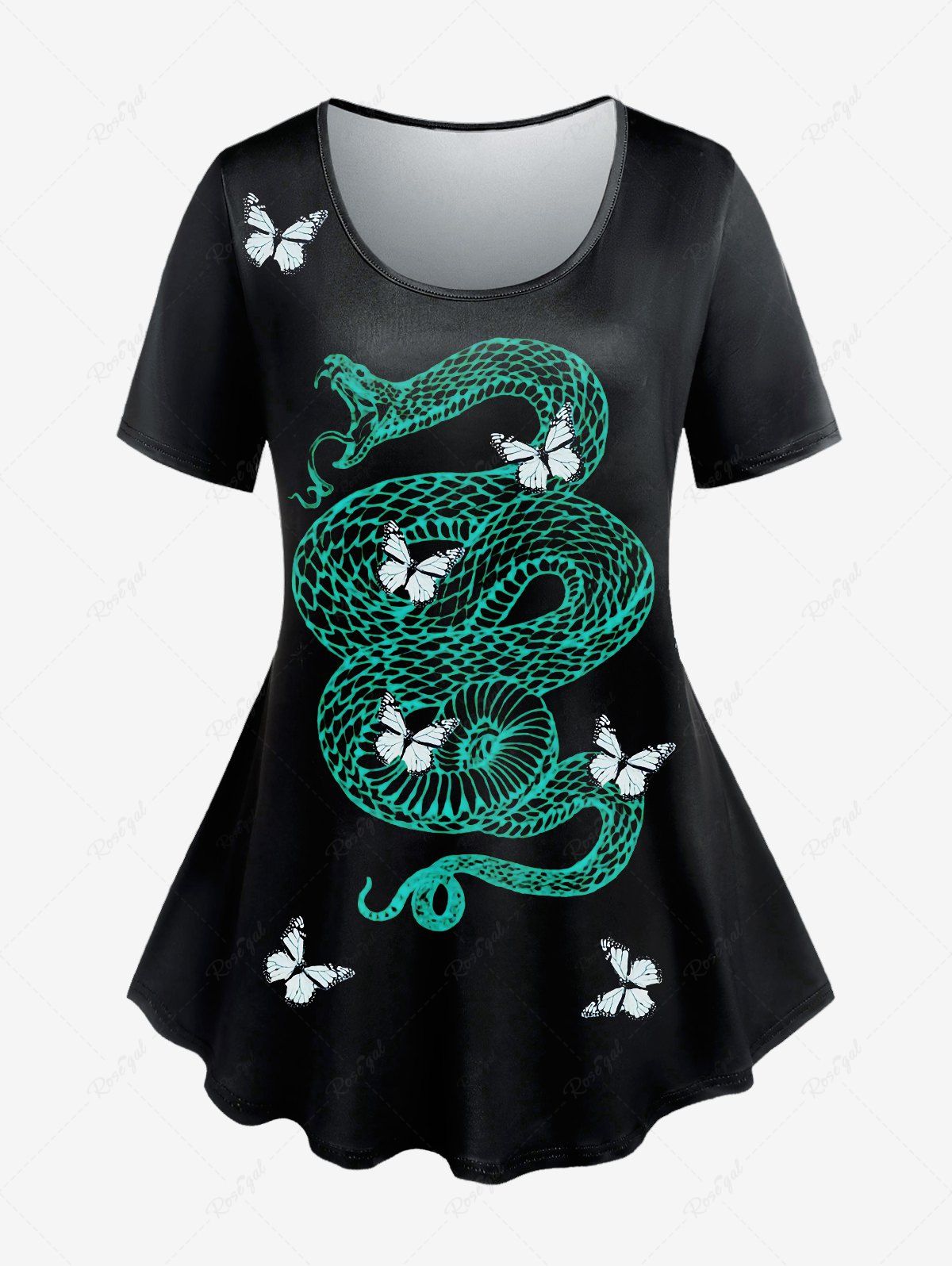 T-shirt à Imprimé Serpent Papillon à Manches Courtes de Grande Taille Vert profond 5x | US 30-32