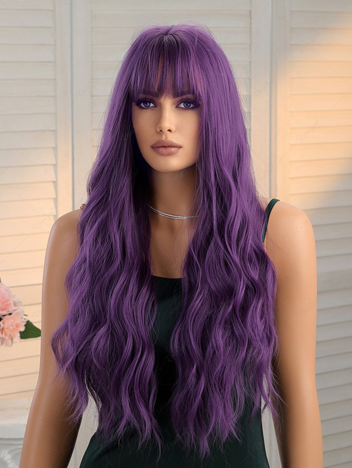 Chic Purple Full Bangs Long Wavy Synthetic Cosplay Wig  