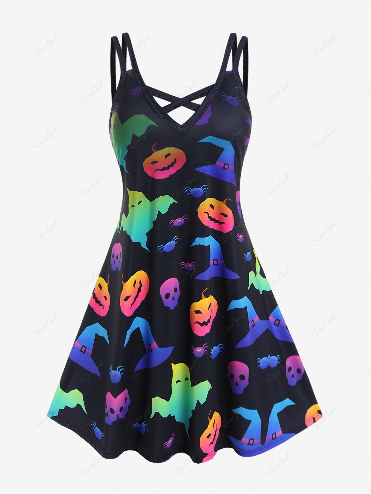 New Plus Size Pumpkin Bats Ghosts Printed Halloween Crisscross A Line Dress  