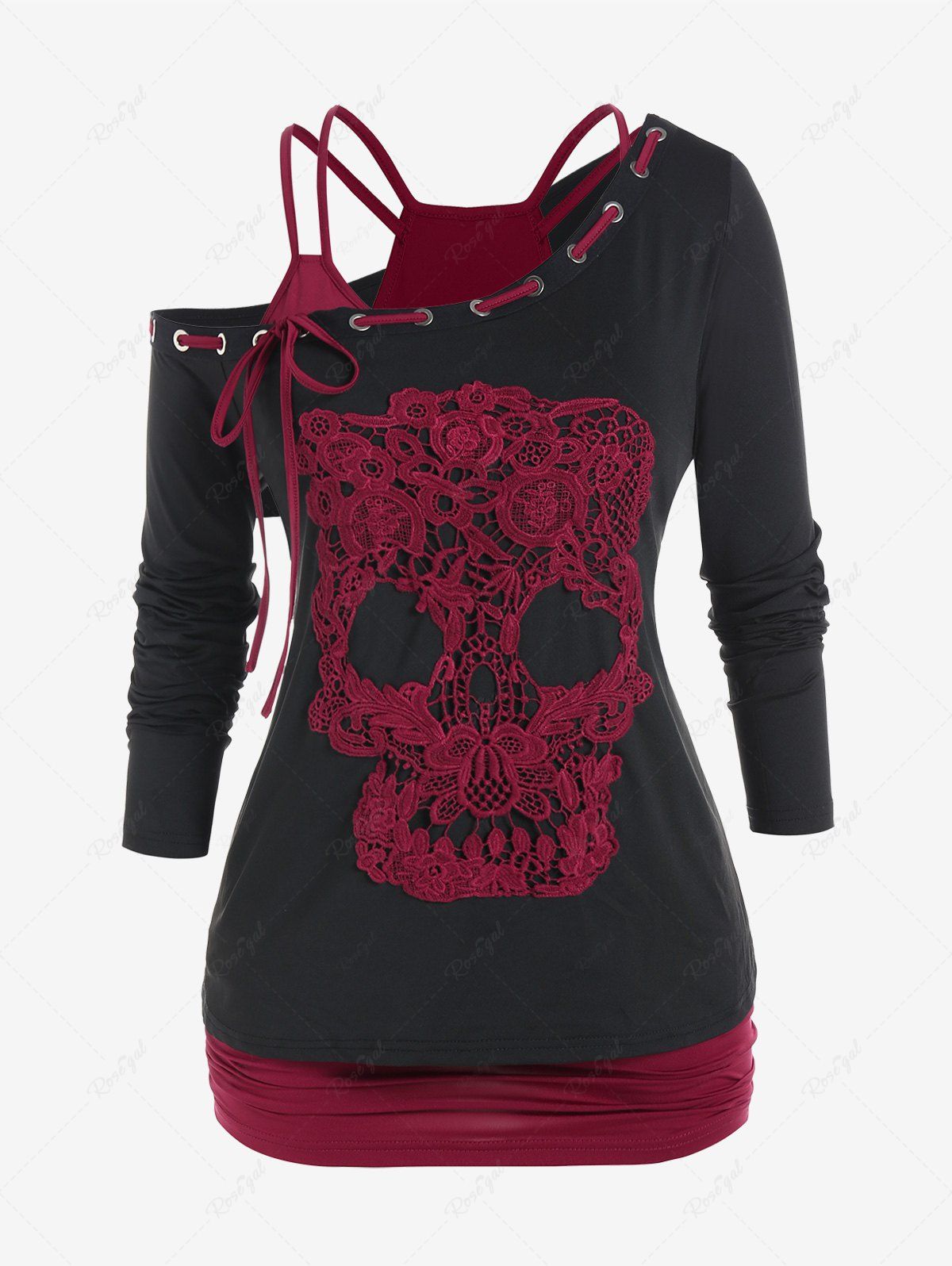 Online Gothic Skew Neck Skull Lace Tee and Ruched Tank Top Set  
