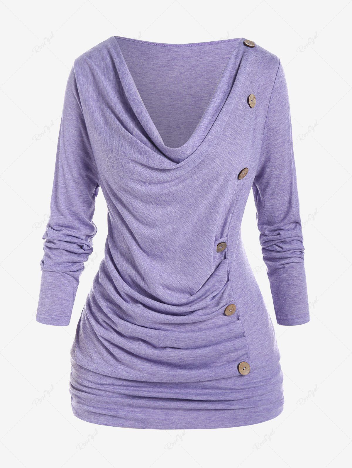 T-shirt Plissé de Grande Taille Manches Longues à Col Bénitier avec Boutons Violet clair M | US 10