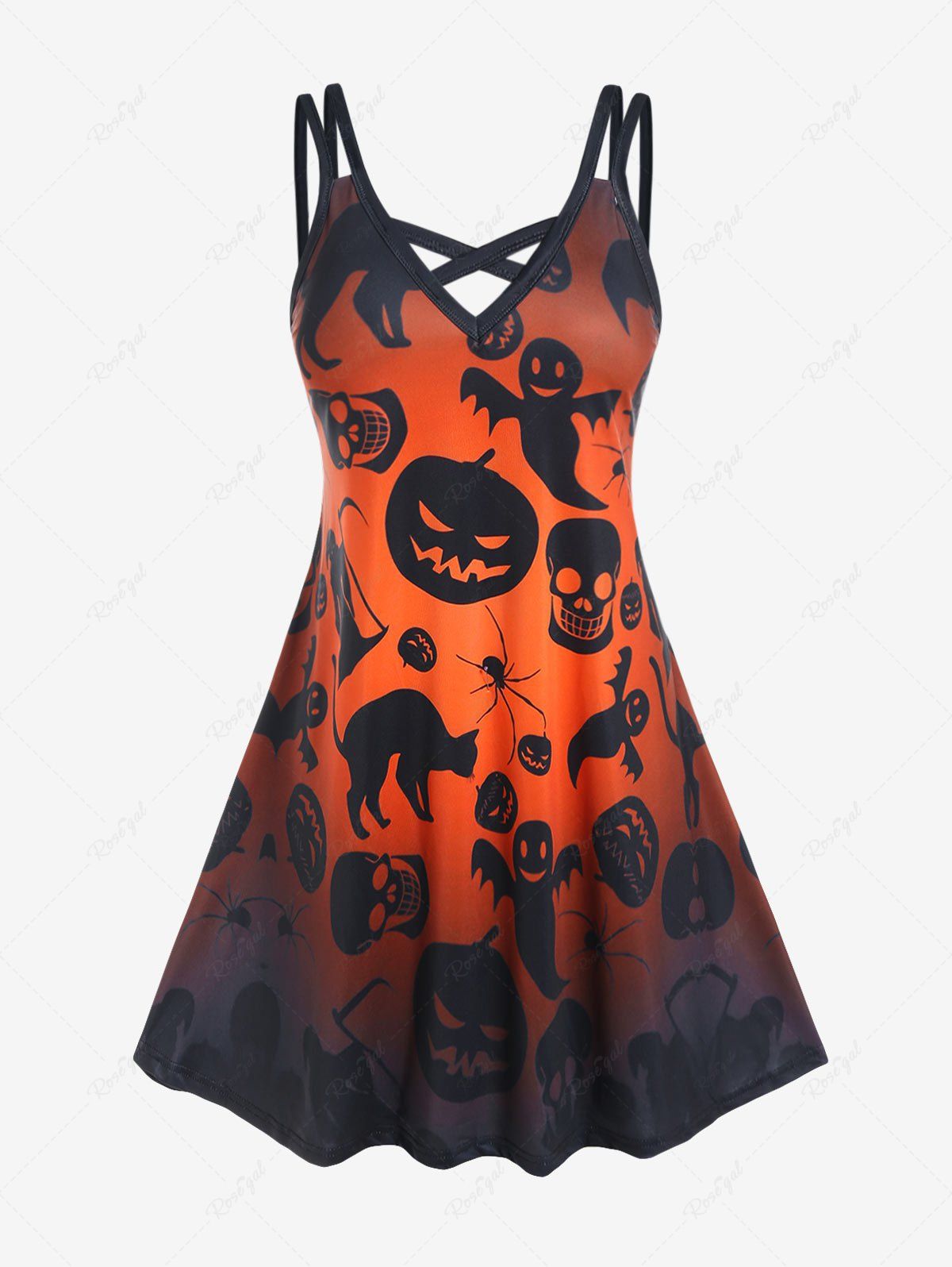 Unique Halloween Pumpkin Ghosts Bats Skulls Printed Crisscross A Line Dress  