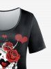 T-shirt Gothique à Imprimé Rose Cœur Crâne à Manches Courtes - Rouge foncé 
