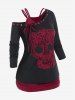 Gothic Skew Neck Skull Lace Tee and Ruched Tank Top Set -  