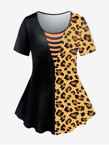 Plus Size Leopard Printed Stripes Printed Short Sleeves Tee - COFFEE - 1X | US 14-16
