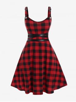 Gothic Plaid Crisscross Backless Buckles Straps A Line Sleeveless Dress - RED - 4X | US 26-28