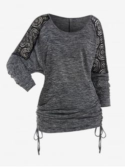 Plus Size Lace Panel Raglan Sleeves Cinched Ruched Space Dye T Shirt - DARK GRAY - 3X | US 22-24
