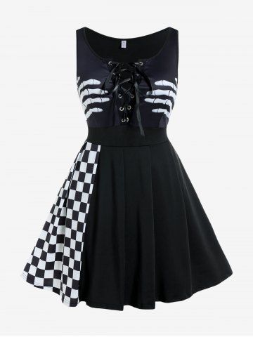Gothic Skeleton Checkerboard Print Lace Up Flare Dress - BLACK - 4X | US 26-28