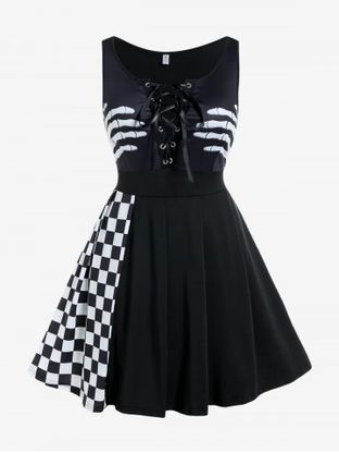 Gothic Skeleton Checkerboard Print Lace Up Flare Dress