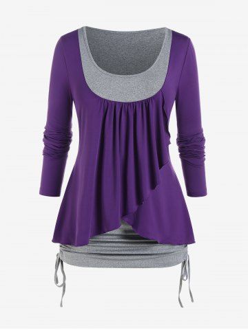 Plus Size Cinched Ruched Flounce 2 in 1 Tee - PURPLE - M | US 10