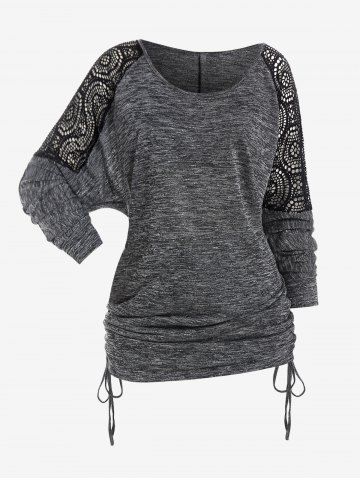 Plus Size Lace Panel Raglan Sleeves Cinched Ruched Space Dye T Shirt - DARK GRAY - M | US 10