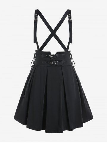 Gothic Lace Up Buckles Godet Hem A Line Suspender Skirt - BLACK - 5X | US 30-32