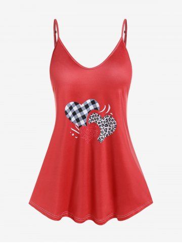 Plus Size Heart Plaid Leopard Printed Tank Top - RED - L