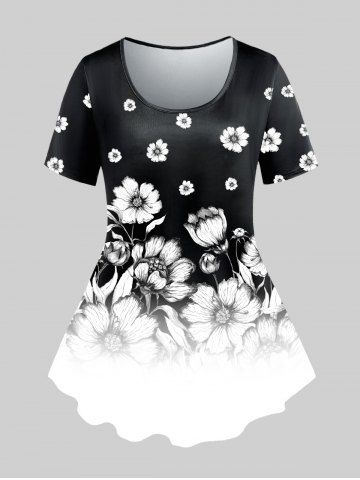 Plus Size Monochrome Floral Print Colorblock T-shirt