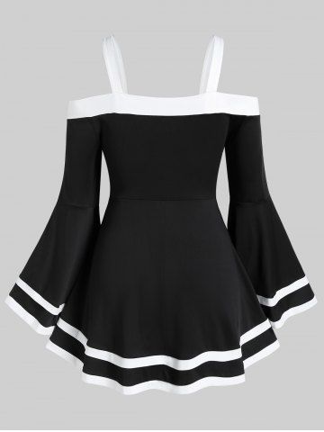 Plus Size Flare Sleeves Cold Shoulder Two Tone T Shirt