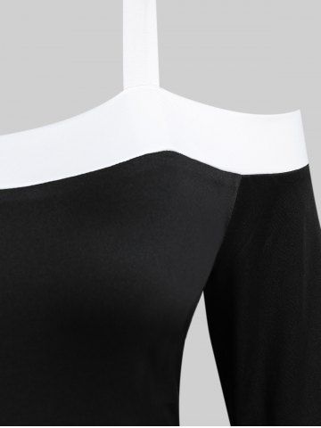 Plus Size Flare Sleeves Cold Shoulder Two Tone T Shirt