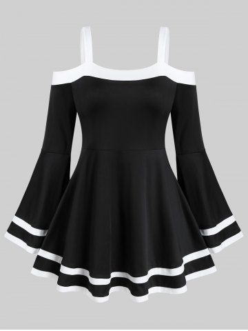 Plus Size Flare Sleeves Cold Shoulder Two Tone T Shirt