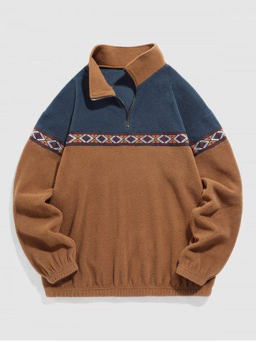 Colorblock Geometric Embroidery Fluffy Polar Fleece Sweatshirt - COFFEE - S