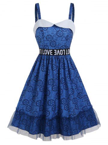 Mesh Overlay Allover Gear Geometric Letter Print Foldover A Line Mini Dress - DEEP BLUE - M