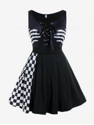 Gothic Skeleton Checkerboard Print Lace Up Flare Dress -  