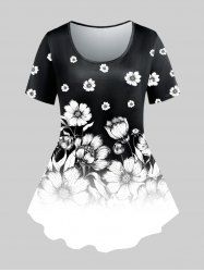 Plus Size Monochrome Floral Print Colorblock T-shirt -  