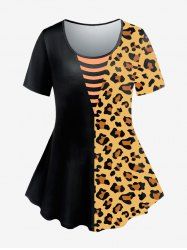 Plus Size Leopard Printed Stripes Printed Short Sleeves Tee -  