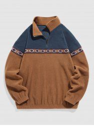 Colorblock Geometric Embroidery Fluffy Polar Fleece Sweatshirt -  