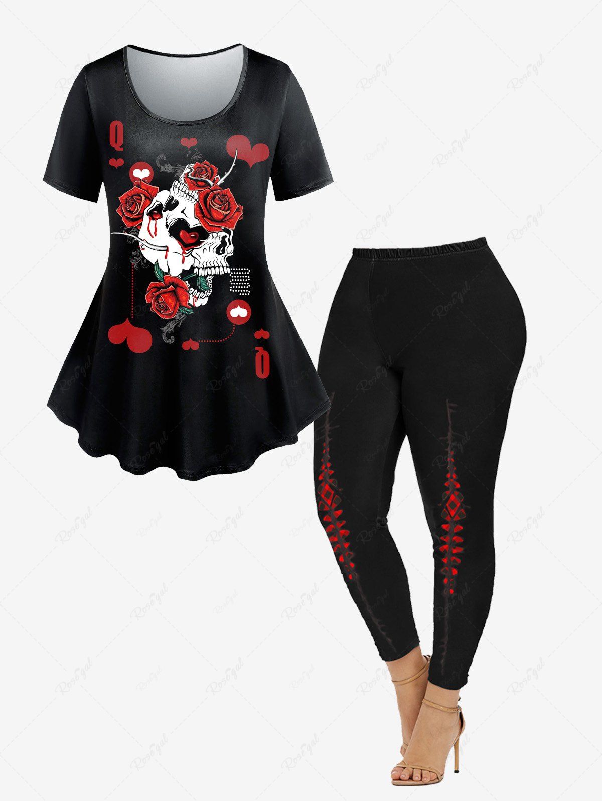 Ensemble T-shirt à Imprimé Gothique Rose et Crâne et Legging à Carreaux à Taille Haute Noir 