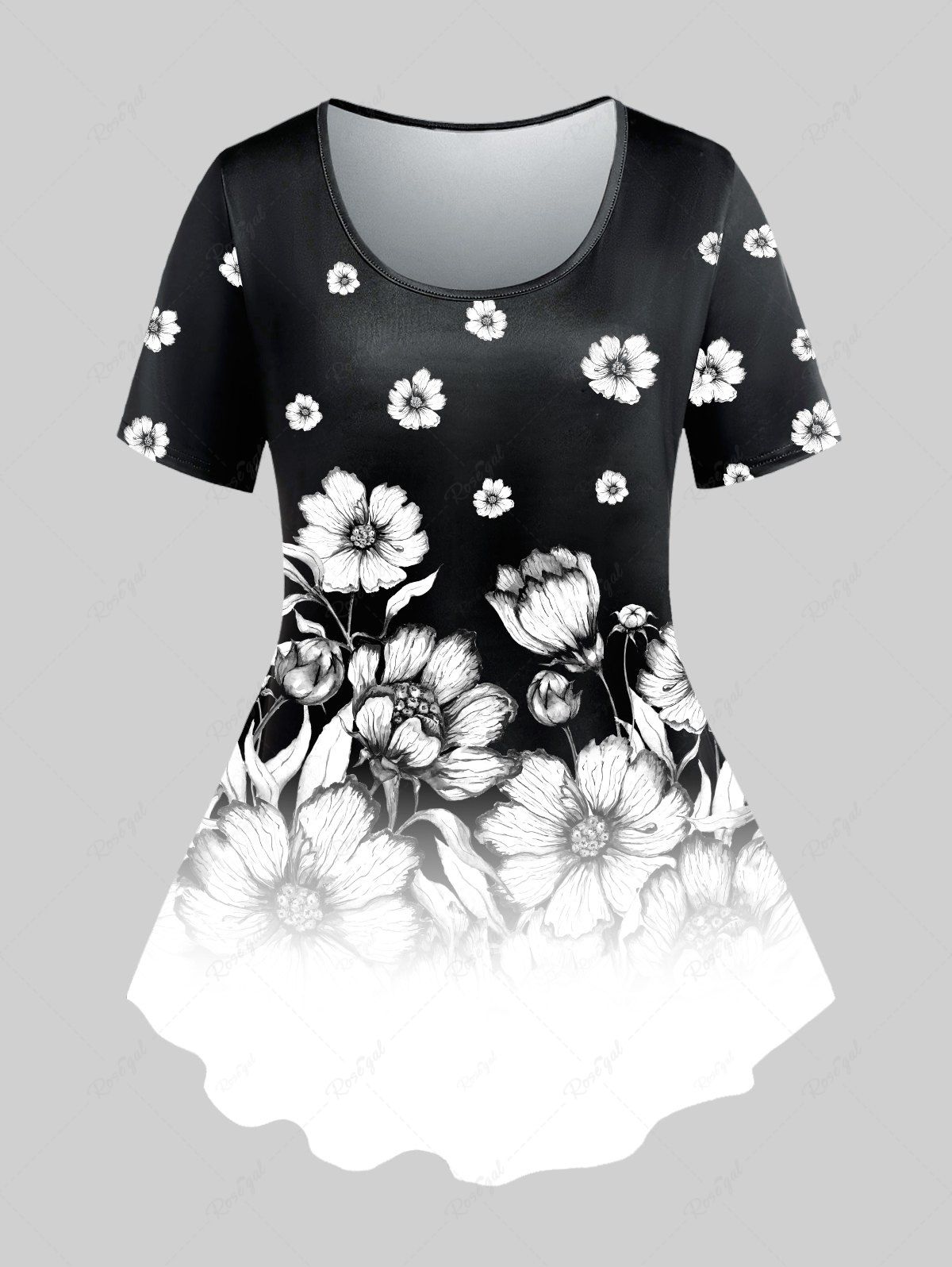 Fashion Plus Size Monochrome Floral Print Colorblock T-shirt  