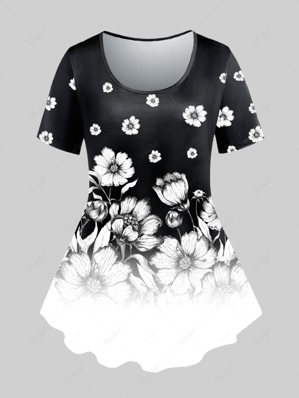 Shops Plus Size Monochrome Floral Print Colorblock T-shirt  