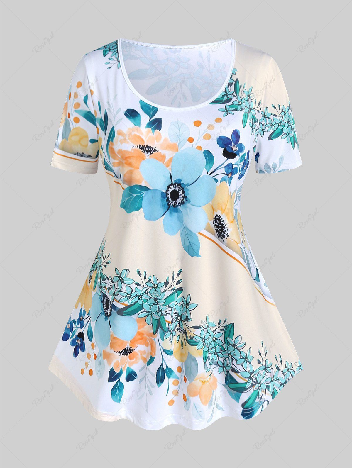 New Plus Size Short Sleeve Floral Print Tee  