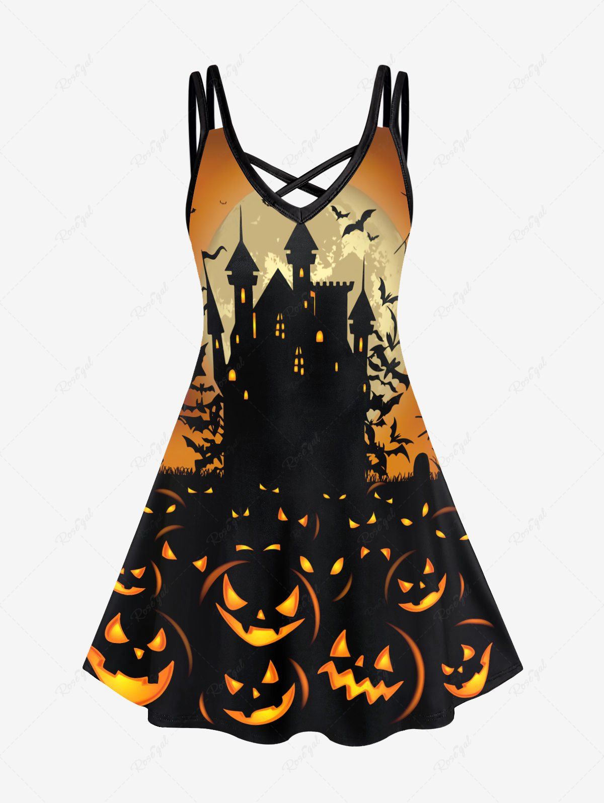 Fancy Plus Size Halloween Pumpkin Castle Print Crisscross Dress  