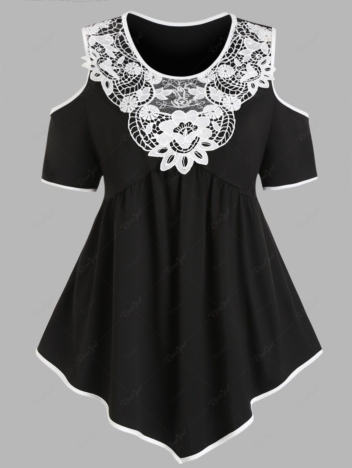 Outfits Plus Size Leaf Flower Lace Panel Cold Shoulder Empire Waist Casual T Shirt  