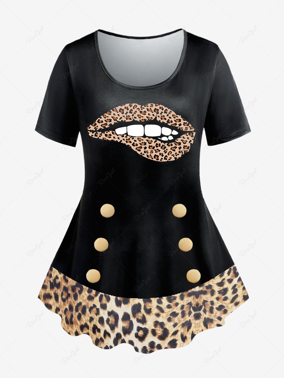 T-shirt à Imprimé Léopard Animal Lèvre de Grande Taille à Manches Courtes Noir 5x | US 30-32