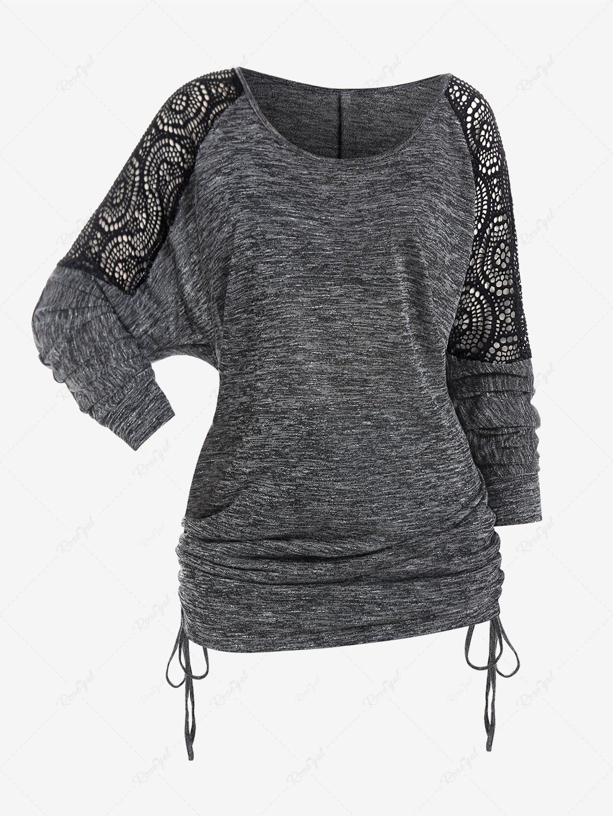 Trendy Plus Size Lace Panel Raglan Sleeves Cinched Ruched Space Dye T Shirt  
