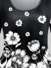 Plus Size Monochrome Floral Print Colorblock T-shirt -  