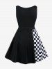 Gothic Skeleton Checkerboard Print Lace Up Flare Dress -  
