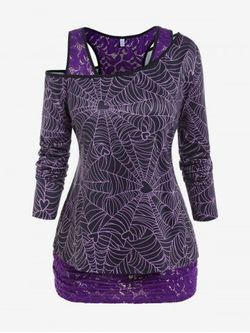 Plus Size Heart Spider Web Skew Neck Print Tee and Lace Top Twinset - PURPLE - 3X | US 22-24
