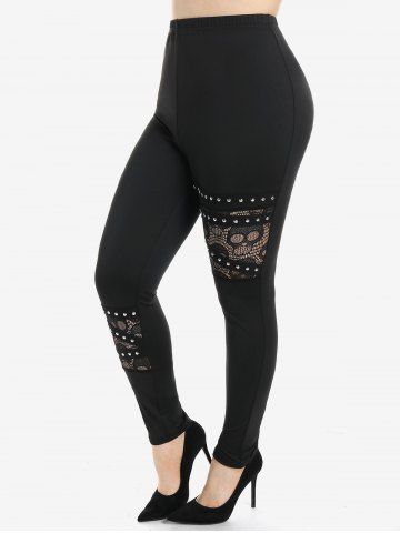 Pantalon Gothique Clouté Panneau en Dentelle à Taille Haute - BLACK - S | US 8