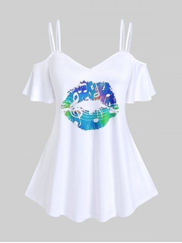 Camiseta Hombro Descubierto Estampado Labio Tamaño Plus - WHITE - L | US 12