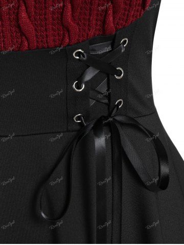 Plus Size Cable Knit Panel Mixed Media Lace Up Tee