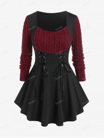 Plus Size Cable Knit Panel Mixed Media Lace Up Tee